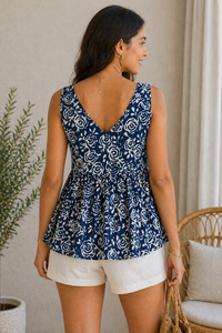 En gros, Débardeur pour femme sans manches, col en V, à volants, à motifs floraux, en coton indien, style bohème, coupe ample, décontracté d'été, OEM ODM Rajasthan - Product Image 3