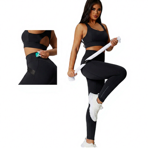 Ensemble de yoga bleu 2 pièces : Leggings taille haute avec poches et haut dos nageur respirant pour le fitness - Product Image 2