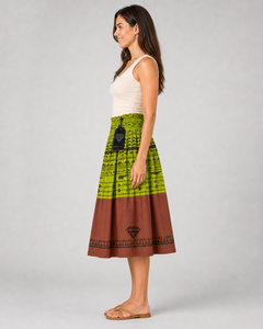 Custom Manufacturer Wholesale Womens <b>Boho</b> Ethnic Tribal Print Midi <b>Skirt</b> High Waist Elastic Smocked Green Brown A Line Cotton - Product Image 4