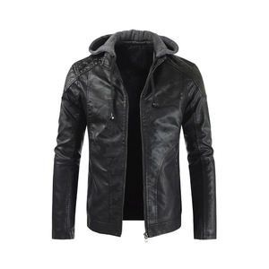 Men's Red PU Leather Hooded <b>Biker</b> <b>Jacket</b> With Faux Fur Lining Zipper Closure Moto Style Winter Wear - Product Image 5