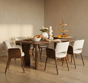 Ensemble de salle à manger en bois de style mid-century modern, 6 pièces, chaises à dossier rembourré, table rectangulaire, meubles pour la maison - Product Image 1