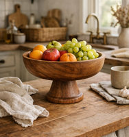 Bol à fruits en bois fait main avec poignées, design minimaliste pour la cuisine, idéal pour servir des collations et des fruits frais