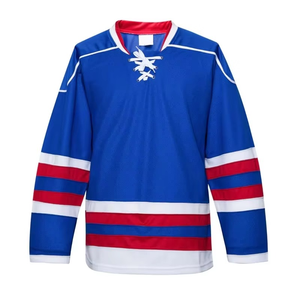 Camiseta de Hockey sobre Hielo para Hombre, Azul, Blanco y Naranja, Impresión por Transferencia de Calor, Absorbe la Humedad, Manga Corta, Cuello de Béisbol, Poliéster y Algodón - Product Image 2