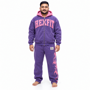 Washed <b>Fleece</b> <b>Zip</b> <b>Up</b> <b>Hoodie</b> Tracksuit Set with Applique Letter Embroidery Printed Jogger Pants Unisex Streetwear Autumn Wear - Product Image 3