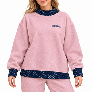 Sudadera Oversize Rosa de Punto de Mezcla de Algodón con Bordado Personalizado para Mujer, Cuello Redondo, Ribete de Puntos, Ropa de Otoño, Sudadera con Capucha y Apliques - Product Image 1