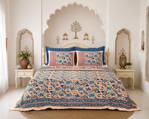 100% Organic Cotton <b>King</b> <b>Size</b> 300tc Hand Block Printed Floral Reversible Bohemian Home Bedding Set <b>Sheet</b> & Pillowcase Set - Product Image 4