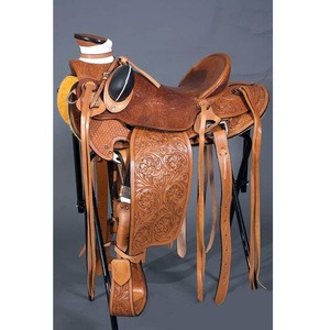 Silla de montar western de cuero marrón con asiento rígido tallado a mano con motivos florales, correas de latigo, para carreras de caballos, de 10 a 18 pulgadas - Product Image 1