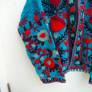 Handcrafted Turquoise Blue Velvet Breathable <b>Quilted</b> Women's Premium Suzani Kashmiri Embroidered Winter Wear Jacket Floral - Product Image 2