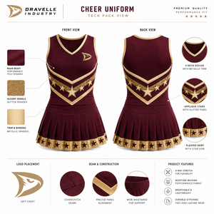 Conjunto de Porristas Premium Transpirable con Detalles de Estrella Dorada Metálica, Uniforme Personalizado para Competencia con Falda Plisada - Product Image 6