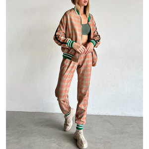 Ensemble de survêtement à carreaux pour femmes, manches longues, fermeture éclair, style décontracté, respirant, polyester et coton, vêtements d'automne - Product Image 4