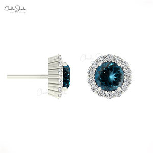 Pendientes de Oro Sólido de 14k de Lujo con Topacio Azul de Londres de 4mm y Halo de Diamantes, Joyería Elegante para Mujer, Proveedor Mayorista - Product Image 3