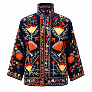 เสื้อแจ็คเก็ตซูจานีแบบสั้น งานฝีมือเย็บปักถักร้อยลายดอกไม้ หนังแกะ ซับในผ้าฝ้าย สำหรับฤดูใบไม้ร่วงและฤดูหนาว ผลิตภัณฑ์งานฝีมือช่างฝีมือ - Product Image 1