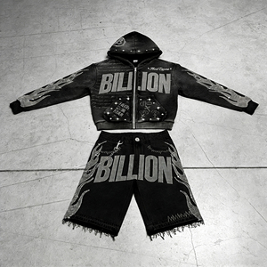 Custom Zip up <b>Jacket</b> and Shorts Set Acid Wash Vintage Zipper Tracksuits <b>Rhinestone</b> DTG Zip up Hoodie and Short Jogger Set - Product Image 6