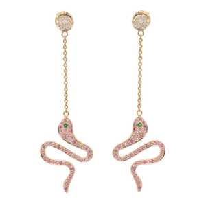 14K Gold Snake Chandelier Drop <b>Earrings</b> with Emerald and Pink Sapphires - Product Image 1