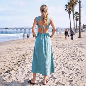 Open <b>Back</b> Linen Dress with Pockets Cut Out Summer Sundress <b>Tie</b> <b>Back</b> Beach Vacation Dress for Women - Product Image 2
