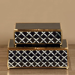 <b>Black</b> Geometric Glass Jewelry Storage Box Set with Gold Metal Frame Patterned Finish Soft Lining Decorative Keepsake Organizer - Product Image 1