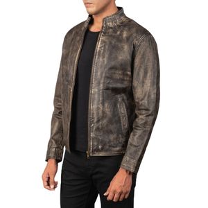 Chaqueta de Motociclista de Cuero Genuino Lavado para Hombre, Cortavientos, con Cuello Alto y Cremallera, para Otoño - Product Image 4