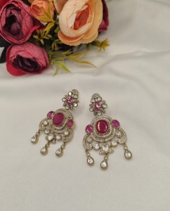 Designer Kundan Gemstone Oval Cut <b>Dangle</b> Statement <b>Earrings</b> Antique <b>Gold</b> Plated For Festivals Wedding Reception Party Wholesaler - Product Image 2