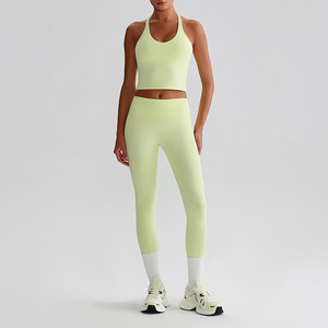 Women's High Waist <b>Compression</b> Yoga Leggings Tank Tops Set V-Neck Non-Front Seam Lightweight <b>Short</b> Length - Product Image 5