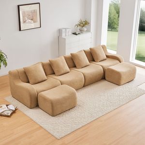 32D High Density Sp <b>U</b>-Shaped Boneless Sofa Teddy Fabric Streamlined Design Curved Armrest No Assembly Required for <b>Living</b> Room - Product Image 1