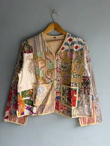 Chaqueta Bohemia de Algodón con Parches para Mujer, Cuello en V, Botones al Frente, Manga Larga, Prenda Exterior Informal con Bolsillos de Parche, para Todas las Temporadas - Product Image 1