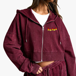 Sudadera con Capucha Extra Grande para Mujer, Tendencia en Moda, Color Sólido Borgoña, Tejido de Algodón, Corte Asimétrico, Estilo Corto, para Otoño - Product Image 1