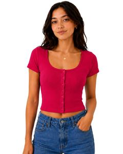 Custom Hot Pink Women Ribbed Knit <b>Crop</b> <b>Top</b> Short Sleeve Button Front Slim Fit Square Neck Casual Summer Cotton T Shirt Blouse - Product Image 1
