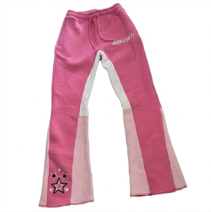 Pantalon de jogging rose évasé avec broderie étoile, taille élastique et cordon de serrage, design color block, pour homme - Product Image 1