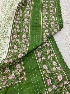 New Beautiful Green Floral Hand Block Print Kantha <b>Quilt</b> <b>Indian</b> Palm Tree Cotton Handmade Eco-Friendly All-Season Hotel Wedding - Product Image 5
