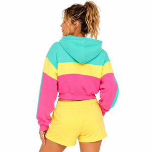 100% Cotton Fleece Tracksuit Set Color Block <b>Cropped</b> <b>Zip</b> <b>Up</b> Hoodies Drawstring Sweat Shorts Custom Embroidery Women Two Piece - Product Image 4