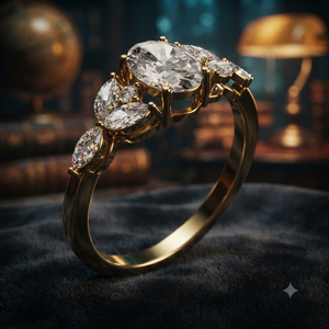 Bague de fiançailles en or jaune avec moissanite taille ovale et pierres latérales marquise, grappe florale, pour femme, bijoux personnalisés - Product Image 1