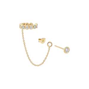 Pendientes tipo ear cuff con cadena, diseño frontal y trasero, joyería llamativa individual con bisel de diamante redondo cultivado en laboratorio, oro macizo de 14k - Product Image 1