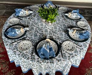Mantel de algodón 100% puro con estampado a mano indio en denim y azul bebé, diseño de borde, cubierta de mesa para fiestas - Product Image 1