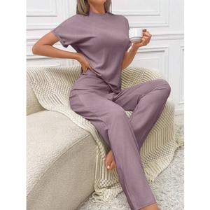 Conjuntos de dos piezas para mujer, camiseta informal de manga corta de Color sólido, Pantalones, camiseta bordada a la moda con cuello redondo del proveedor de BD - Product Image 6