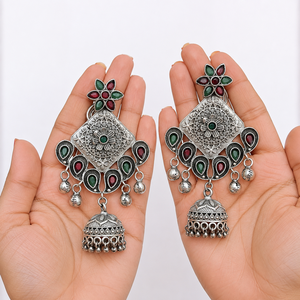 Large Quantity Brass Oxidized Silver Ethnic Indian Bollywood Jhumka Antique Pear Cut Bezel Setting <b>Crystal</b> <b>Studded</b> Women's - Product Image 3