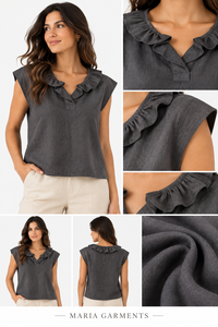Débardeur gris à volants et col en V pour femme, coupe ample, en satin tissé, design simple, 100 % lin, vente en gros, fournisseur de vêtements d'été OEM - Product Image 3