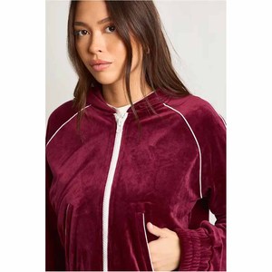 ชุดวอร์มกำมะหยี่สีแดงเบอร์กันดีสำหรับผู้หญิง แขนยาว สีพื้น ทรงปกติ สวมใส่สบาย มีกระเป๋า - Product Image 2
