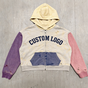 Sweat à capuche décontracté pour homme avec logo personnalisé, coupe régulière, color block, coupe courte, effet vieilli, délavé, strass, écologique - Product Image 1