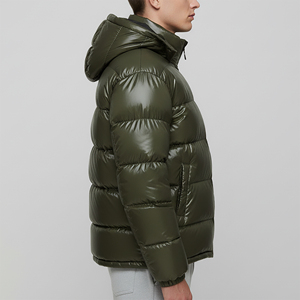 Men's Olive Green Hooded Puffer Jacket With Front Logo Embroidery Windproof <b>Winter</b> <b>Coat</b> Casual Style Zipper Closure - Product Image 6