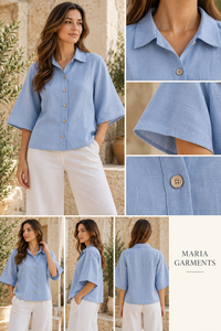 Premium Womens <b>Linen</b> Cotton 2-Piece Co-Ord Set Short Relaxed Button Shirt <b>Wide</b>-<b>Leg</b> <b>Trousers</b> Summer Casual Resort Wear - Product Image 4