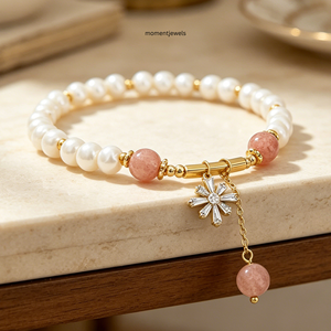 Freshwater Pearl Charm Bracelet Gold Plated Stone Beaded <b>Bangle</b> Floral Pendant Jewelry for Women - Product Image 4
