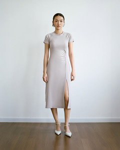 Robe longue décontractée pour femme, coupe ajustée, en jersey raglan, avec fente avant, en polyviscoélasthanne, couleur unie, respirante - Product Image 5