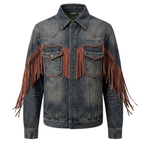 Custom Vintage Blue Denim <b>Jacket</b> Brown Suede <b>Fringe</b> Western Contrast Yoke OEM ODM Manufacturer Retro Distressed Coat - Product Image 1