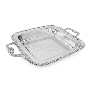Plat de service carré en métal poli avec couvercle en verre, bord perlé et poignées latérales pour table de buffet - Product Image 2