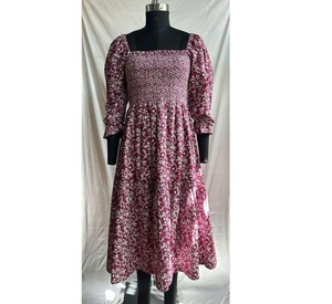 Vestido de Algodón con Mangas Abullonadas, Estampado Floral Rojo, Cuello Cuadrado, Compra Directa del Proveedor a Precio de Fábrica - Product Image 1