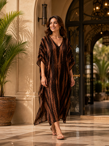 Vestido Maxi Bohemio para Mujer, Color Marrón Tie-Dye, 100% Algodón Tejido, Largo hasta el Suelo, Cuello en V, Hombros Descubiertos, Corte Moderno, Ecológico, Hecho a Mano - Product Image 2