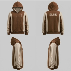 Sweat à capuche zippé en molleton à empiècements, coupé et cousu sur mesure |   Sweat à capuche pour homme en tissu épais marron et beige - Product Image 6