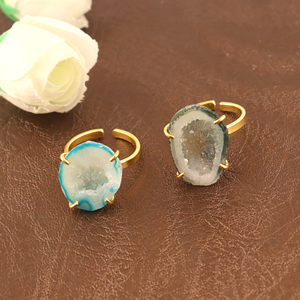Wholesale Jewelry Blue & Grey Druzy Agate <b>Adjustable</b> <b>Rings</b> 18k Gold Plated Brass Minimalist Statement Jewelry Gift For Birthday - Product Image 2