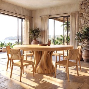 Handcraft Round Wooden <b>Dining</b> <b>Table</b> With Tree Trunk Base <b>Rustic</b> Modern Design For 4- 6 Seating Home Furniture - Product Image 5