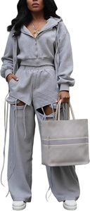 Conjunto de sudadera corta con cremallera Voghtic y pantalones deportivos de pierna ancha para mujer, lindos conjuntos de otoño - Product Image 3